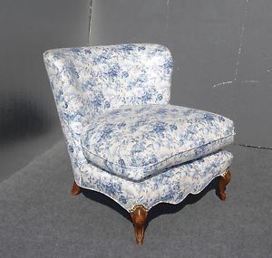 Vintage French Country Cottage Accent Chair Blue and White Toile Chic Shabby