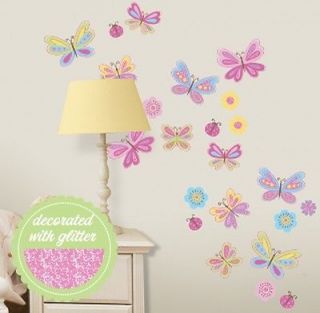 Butterflies Ladybugs Wall Stickers 24 Big Decals Flowers Glitter Girls Room