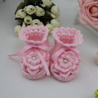 1 Handmade Crochet Baby Shoes Toddler Soft Infant Booties Pink Flower 10cm Girl