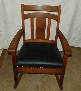 Quartersawn Oak Mission Black Leather Seat Rocker Rocking Chair R144