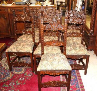 Set of 10 Antique French Mahogany Carved Renaissance Upholstered Chairs