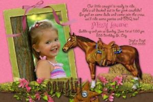 Cowgirl Cow Girl Horse Western Birthday Party Invitations Cards Pink Brown x 2