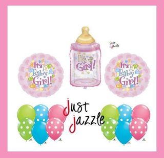 It's A Girl Baby Shower Bottle Pink Hearts Dots Balloon Party Supply Set of 15