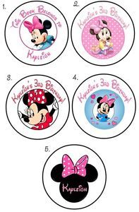20 Round Personalized Stickers Labels Seals Minnie Mouse Birthday and More