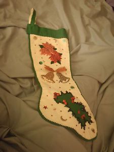 Vintage 50s Christmas Hand Stitched Green White Felt Stocking Sequin Applique