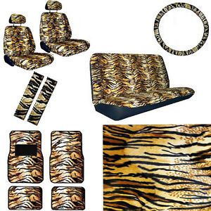 15pc Set Seat Covers Beige Brown Tan Tiger Animal Floor Mat Wheel Belt Head Pads