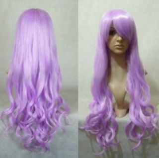 YXF120 Light Pink Purple Long Wavy Cosplay Party Curly Wig Wigs Free Wig Cap