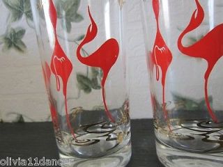 Mid Century Modern Red Flamingo Tumblers Glasses Mod Abstract Lot Vtg 6 Mad Men