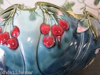 Majolica Art Pottery Cobalt Blue Cherry Art Nouveau Cashepot Centerpiece Bowl