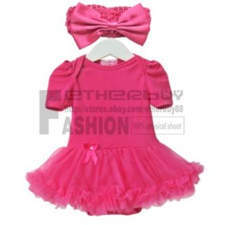 2pcs Newborn Baby Girl Headband Romper Dress Clothes Outfit Hot Pink Tutu 6 9M