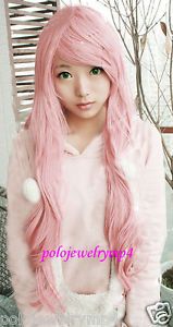 01NEW Cosplay Fashion Long Curly Light Pink with Bang Party Wig Gift