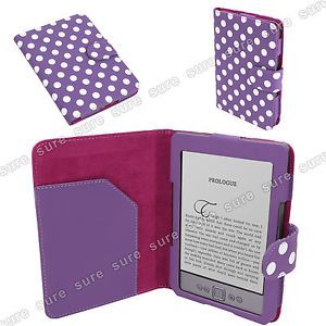 Luxury Puple Polka Dot Leather Case Cover Wallet for 6"  Kindle 4 eReader