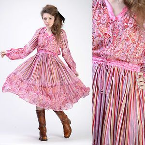 Vtg 70s Pink India Gauze Ethnic Hippie Blouson Boho Full Circle Skirt Dress