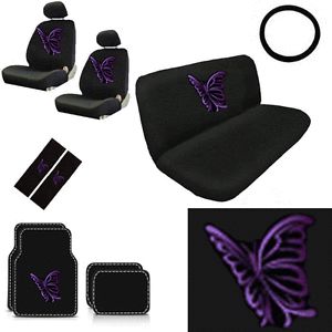 15pc Full Set SUV Seat Covers Purple Butterfly Floor Mat Wheel Belt Head Pads