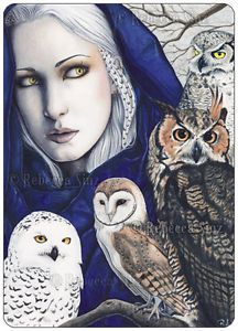 Fantasy Art ACEO Print Owls Shaman Woman Barn Snowy Great Horned Owl WC