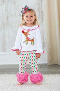 Mud Pie Girl Christmas Reindeer Tunic Colorful Polka Dots Ruffles Disco Pant Set