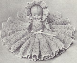Vintage Crochet Pattern to Make 11 inch Bed Doll Baby Clothes Dress Bonnet Hat
