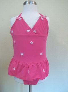 Janie and Jack Girls Pink Little Beachcomber Swimsuit Starfish Whales Crabs 6
