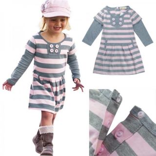 Cute Girls Striped Dress Kids Button Baby Long Sleeve Toddlers Skirt Fall Sz 4 5