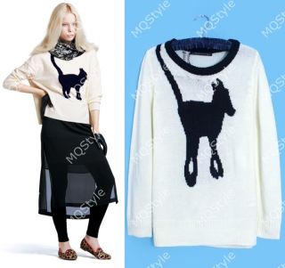 Womens European Fashion Crewneck Long Tail Cat Knit Sweaters 2 Colors B3486