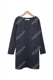 Womens Fashion 3 4 Sleeve Crewneck Casual Chic Pocket Mini Dress B3337