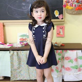Navy Blue Girls Button Top School Dress Party Costume Sundress 1 Piece Sz 2 7