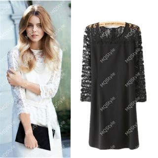 Womens Girls Fashion Hollow Embroidery Lace 7 10 Sleeve Sexy Mini Dress B2846