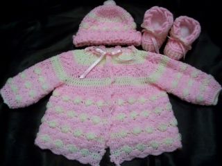 Crochet Baby Reborn Doll Clothes Outfit Sweater Set Hat Bonnet Booties Pink