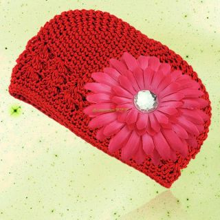 Newborn Baby Girls Crochet Beanie Hat Cap with Daisy Peony Flower Clip Headband