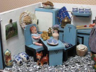 Antique 1940's 50's Doll House Wooden Dutch Kitchen Handmade Mother Baby Dolls