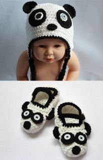 New Handmade Knit Crochet White Black Panda Baby Hats Shoes Newborn Photo Prop