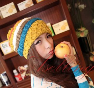 Women's Winter Cute Ski Cap Knit Wool Warm Hat Colorful Strip Baggy Ball Hats