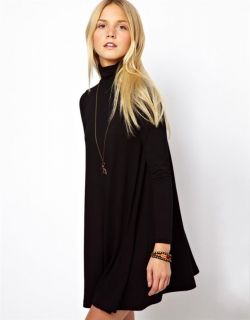 Womens European Fashion Turtleneck Long Sleeve Pleated Hem Dress 2 Color B3638