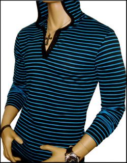 Oldies Black Blue Long Sleeve Hooded Button Neck Shirt