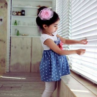 Girls Baby Kids Toddlers 1pcs Cowboy Blue Polka Dot Bowknot Dress Clothes S1 6Y