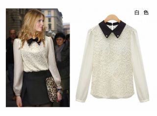 New Womens European Fashion Rhinestone Collar Lapel Lace Long Sleeve Shirt L208
