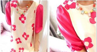 New Womens Korean Fashion Chiffon Plum Print Puff Sleeve Dress 2 Colors E808