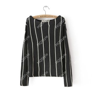 Womens Fashion Crewneck Stripes Loose Knit Pullover Sweaters Black B3302MK