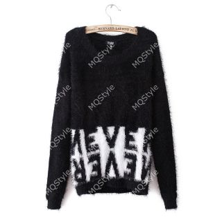 Womens Fashion Crew Neck Never Letters Long Sleeve Knit Sweaters Black B3390