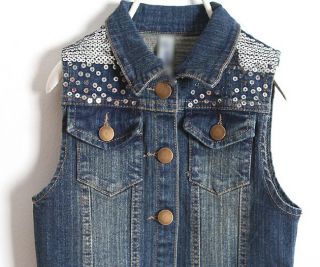 Size 2 6Y New Casual Girls Tops Kids Denim Sequined Vest Jean Jacket GC003