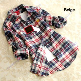 Women Girl Casual Lapel Button Down Plaids Pattern Cotton Shirt Tops Blouse New