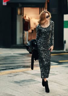 New Womens Fashion Sexy Gray Leopard Printed Full Length Long Sleeve Dress E595