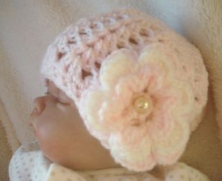 Hand Crochet Baby Girl Beanie Hat Pink with Flower Pearl Detail NB 9 Months