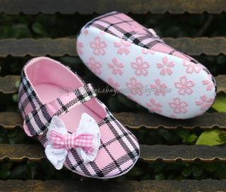 Newborn Reborn Baby Girl's Pink Plaid Soft Sole Crib Shoes Size 3 6 12 Months