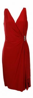 Lauren Ralph Lauren Evenings Faux Wrap Jersey Dress with Brooch 8 Red