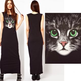 Women Europe Fashion Sweet Black Cat Print Short Sleeve Long Pencil Dress B2041