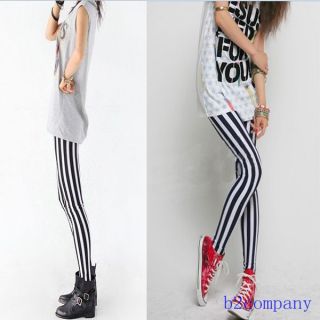 New Striped Leggings Black White Skinny Stretch Trouser Pants Fashion Trend