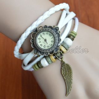 Fashion Women Girl's Retro Wing Weave Wrap PU Leather Bracelet Watch Wristwatch