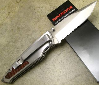 Winchester Checkered Wood Handle Folding Serr Blade Linerlock Pocket Clip Knife