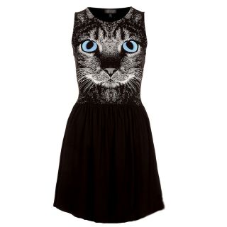 Chic Black Animal Cat Kitten Face Print Ladies Sleeveless One Piece Skater Dress